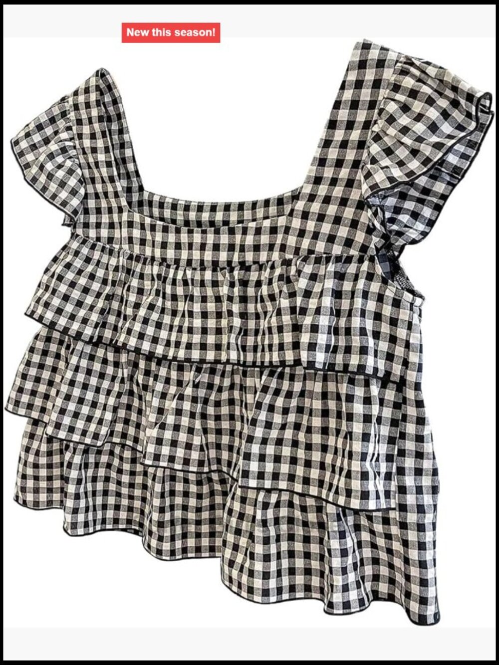 Square Neck Gingham Babydoll Tank Top with Tie Back & Ruffle Hem
